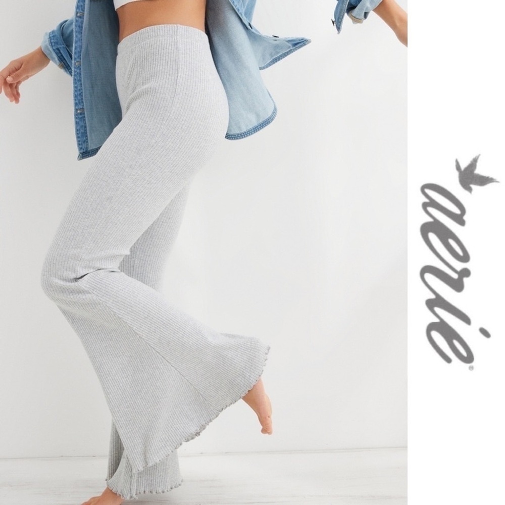 Aerie Ribbed High Waisted Kick-it Super Flare Light Gray Pants - Picture 2 of 7
